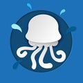 Paper cut  jellyfish vector isolated illustration on blue background. Vector sea wildlife. Diving concept, deep blue marine life Royalty Free Stock Photo